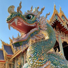 A majestic Naga serpent statue with intricate details and vibrant colors, guarding the entrance of a Thai temple, set against a clear blue sky