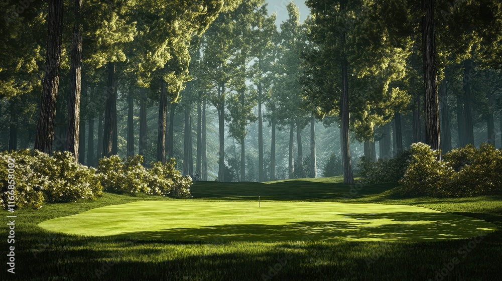 Poster putting green surrounded by towering pine trees on a calm day