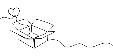 continuous One line drawing of donate box with heart. Concept of help support and volunteer activity in simple linear style, One continuous line drawing of donate box with heart. Minimalist concept. 