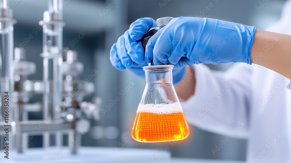 Poster a scientist holds a flask with orange liquid in a lab setting.