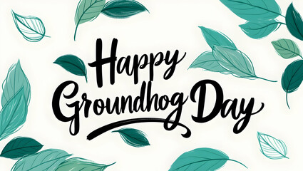 Happy Groundhog Day , hand-drawn brush lettering with leaves 