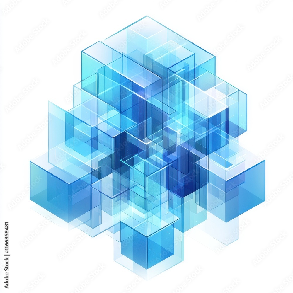 Poster abstract geometric design featuring layered blue translucent cubes and rectangles.