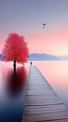 Obraz premium A person walking on a dock with a red tree in the background