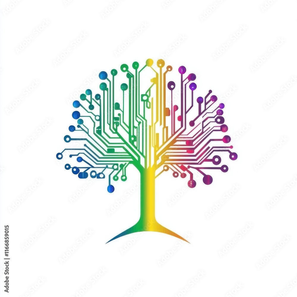 Poster a vibrant tree design with colorful circuit board patterns symbolizing technology and nature.