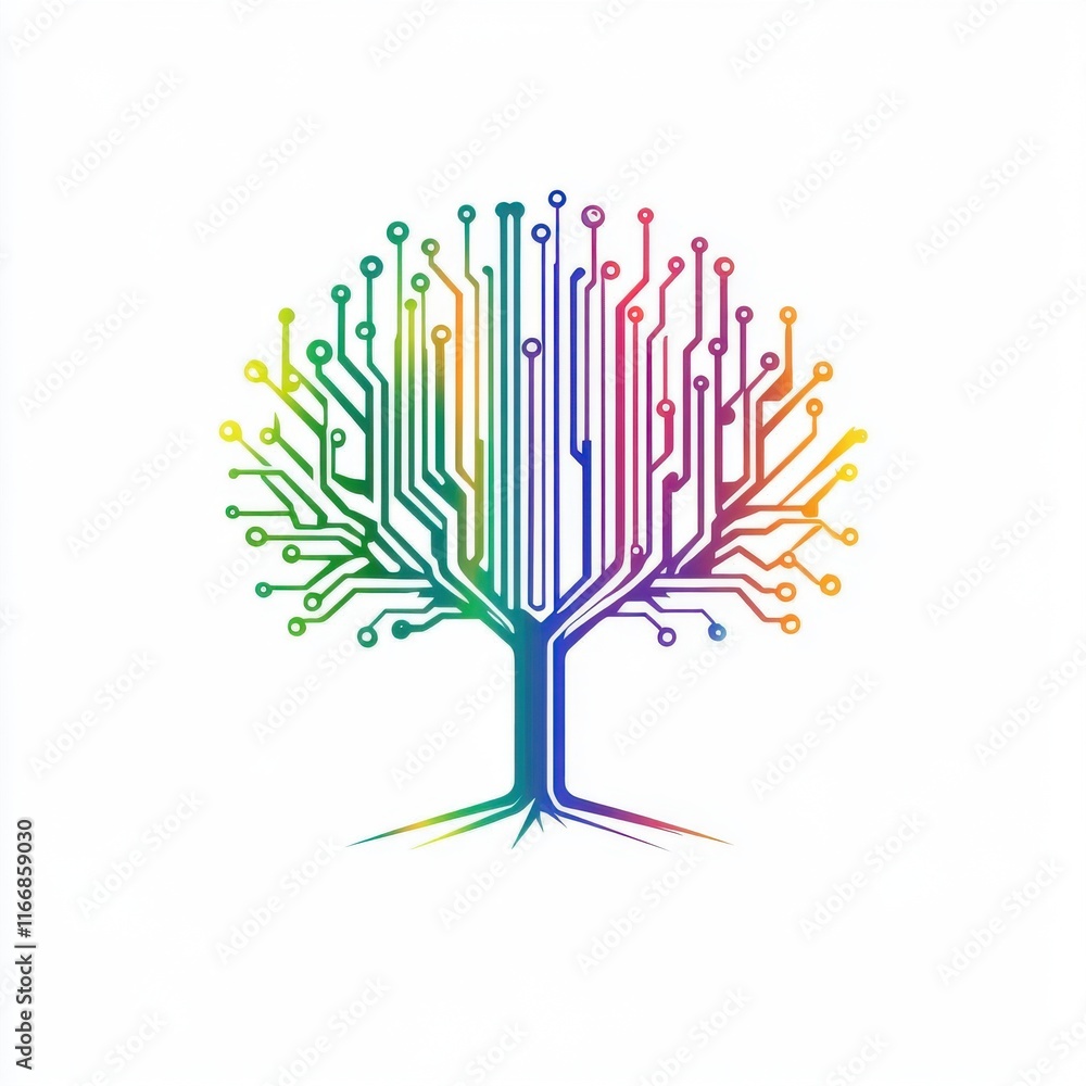 Poster a vibrant tree design made of colorful circuit lines representing technology and nature.