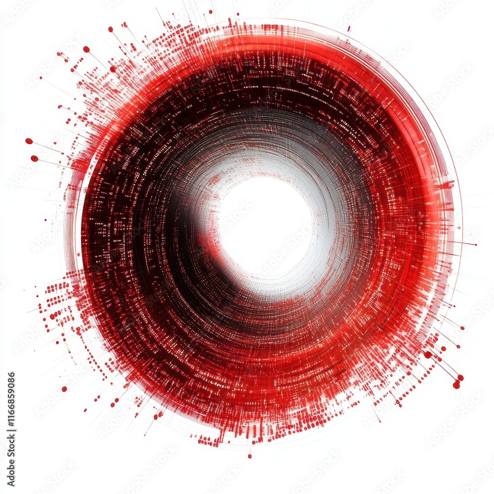 Poster abstract red circular design with intricate patterns and digital elements, creating a dynamic visual