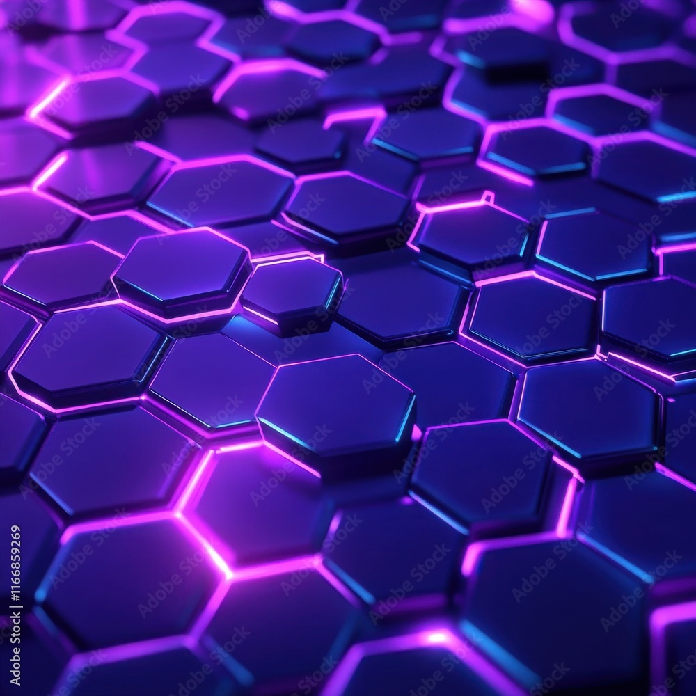 Poster close-up of futuristic hexagonal patterns illuminated in vibrant purple and blue tones.