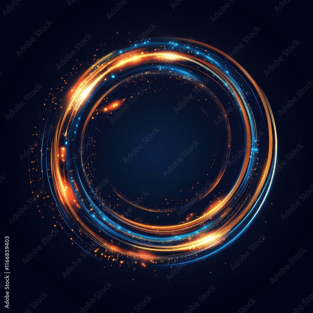 Aufkleber a vibrant circular swirl of golden and blue light particles against a dark background, creating a dy