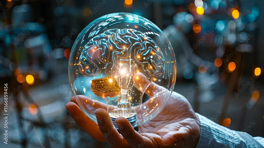 Poster exploring the intersection of technology and creativity through a glowing brain in a crystal sphere