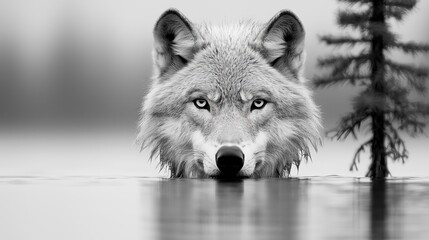Obraz premium A black and white photo of a wolf in the water