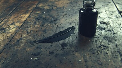 Black Feather Inkwell Wooden Surface Still Life