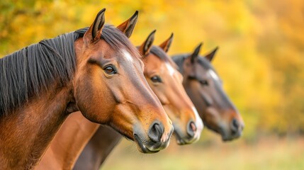 Naklejka premium A group of horses standing next to each other in a field