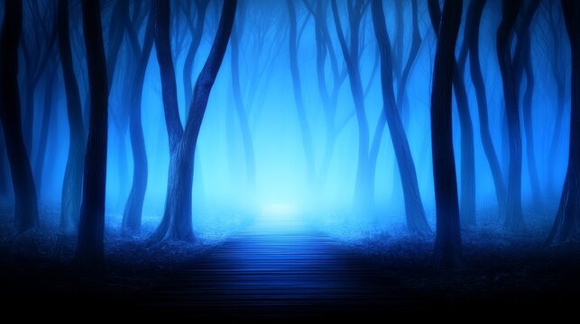 A dark blue forest with a path in the middle of it