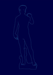 Man is standing in a blue background. Has his hands on his hips