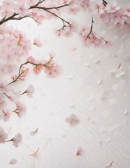 春風と共に舞うパステルカラーの桜吹雪、白い和紙の風合いを残しながら優美な春の雰囲気を描くデザイン
