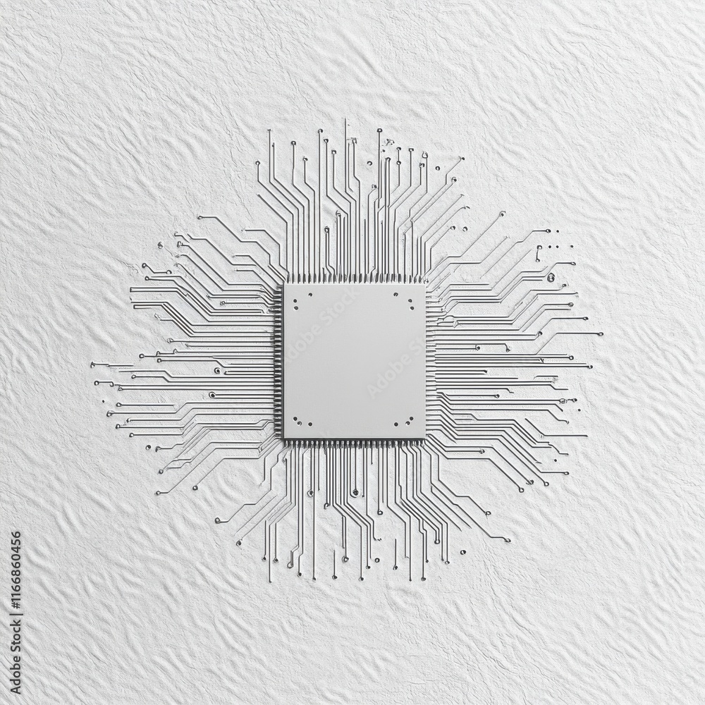 Poster abstract representation of a microchip with circuit lines radiating outward, symbolizing technology 