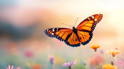 Fototapeta premium A butterfly flying over a field of flowers