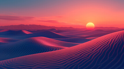 A sunset over a desert landscape with mountains in the background