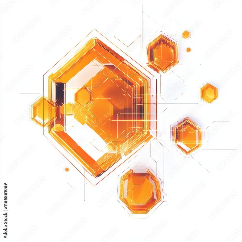 Poster abstract orange geometric shapes with interconnected lines, creating a futuristic digital design.