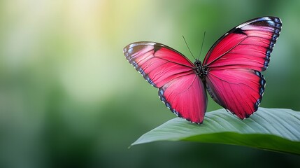 A red butterfly sitting on top of a green leaf