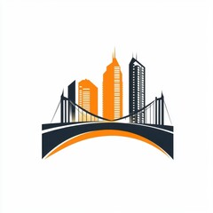 Obraz premium Stylized city skyline featuring sleek skyscrapers and a modern bridge design in orange and black.