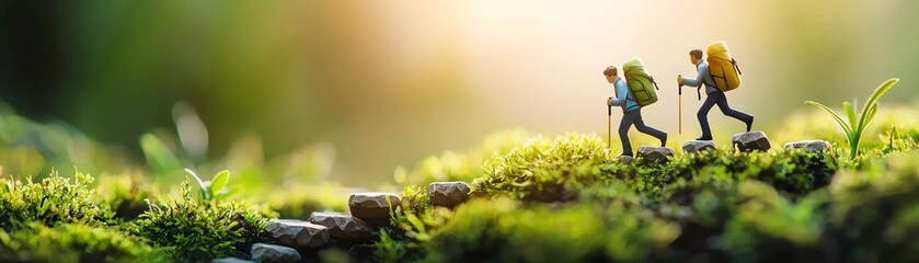 Two hikers exploring a green trail, surrounded by lush nature and sunlight filtering through trees.