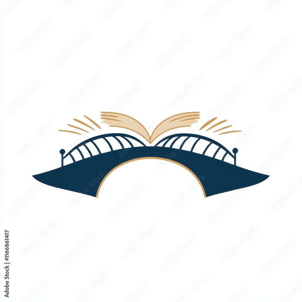 Poster stylized illustration of a bridge merging with an open book, symbolizing knowledge and connection.