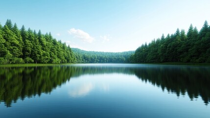 Fototapeta premium Serene lake surrounded by lush green forests under a clear sky.