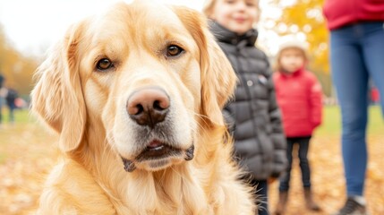 A golden retriever sitting in front of a group of people