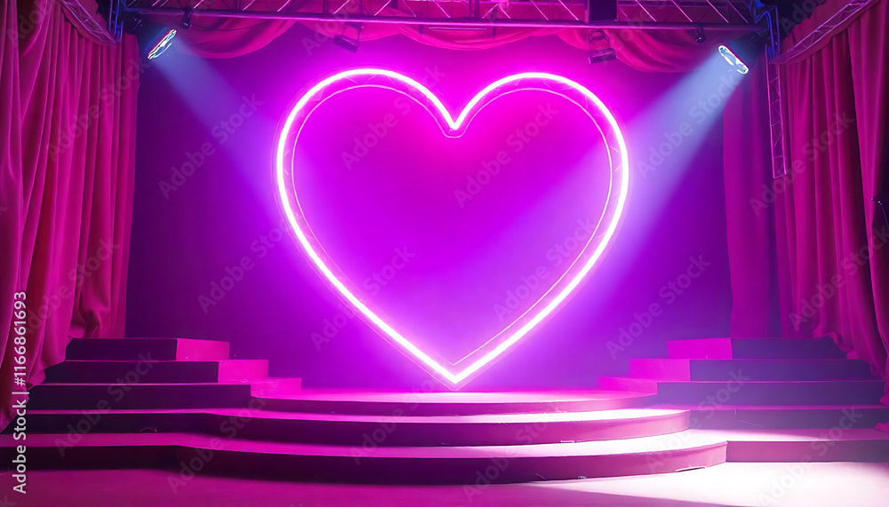 Fototapete a large glowing neon heart-shaped sign on a red and purple stage with steps and platforms, valentine
