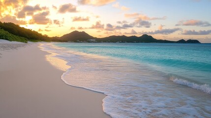 Serene Sunset Beach Scene With Gentle Waves Rolling Ashore