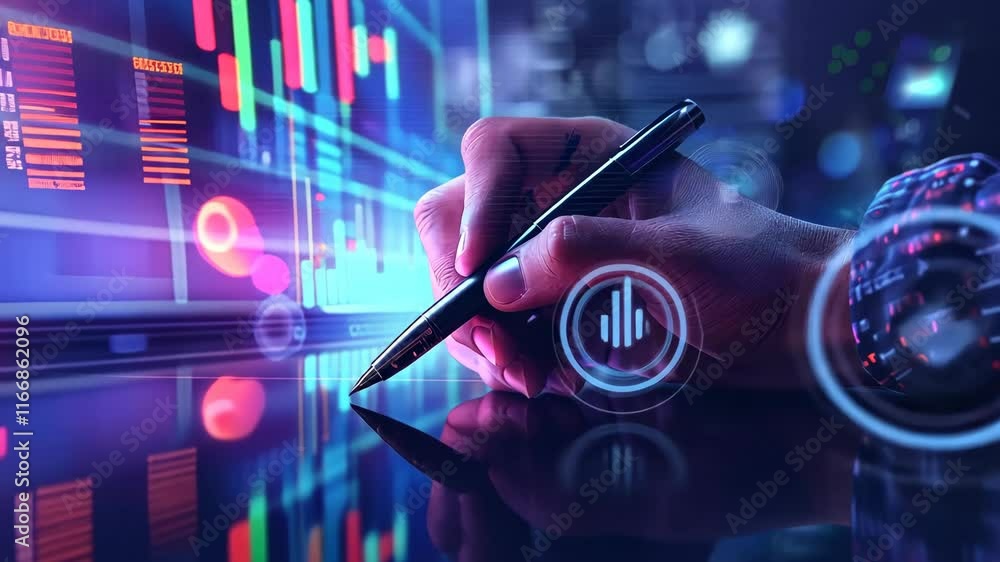 Poster analyzing financial data using advanced technology for investment strategies