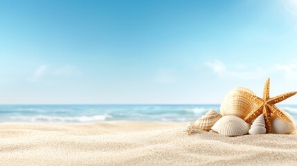 Obraz premium A starfish and shells on a sandy beach with the ocean in the background