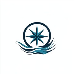 Stylized nautical compass design featuring waves in blue and teal hues.