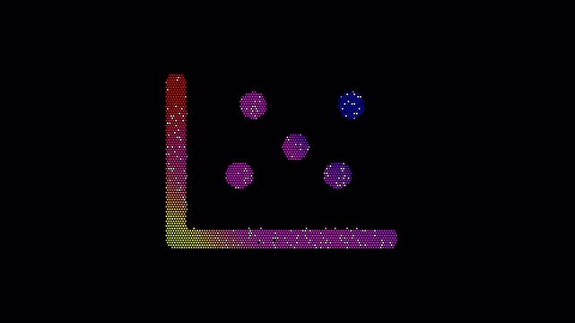 Icon chart scatter is made up of LED square shapes that shimmer and flicker. There are black dead diodes. In-Out looped. Alpha BW at the end