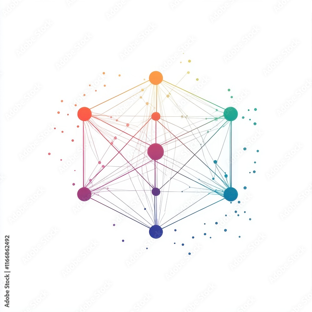 Poster colorful abstract network pattern with interconnected nodes on a white background.