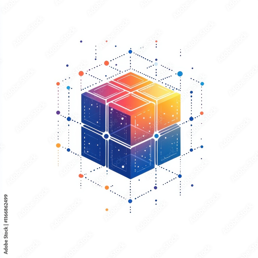Poster abstract digital illustration of a vibrant 3d cube surrounded by colorful dots and lines.