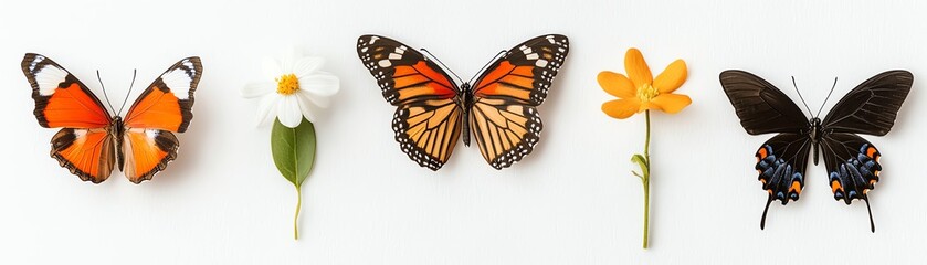 Fototapeta premium Butterflies and flowers arranged on a white background, showcasing natural beauty and vibrant colors.