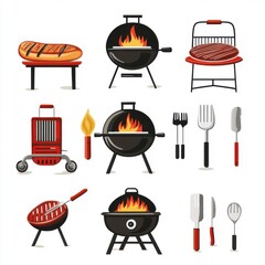 A vibrant assortment of grilling tools and accessories, featuring various barbecue styles and equipment.