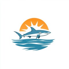 Stylized blue shark leaping from ocean waves against a bold orange sun.