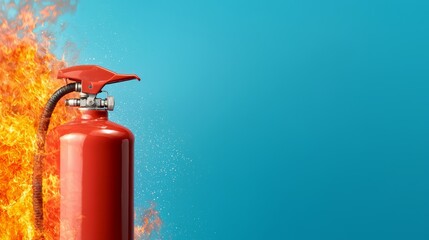 Obraz premium A fire extinguisher on a blue background with flames