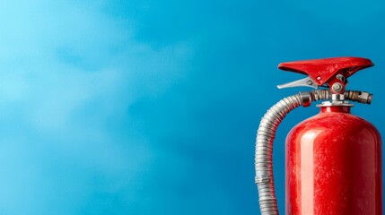 A red fire extinguisher on a blue background