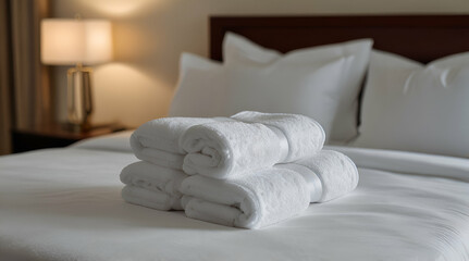 Folded white towels on a pristine white bed in a hotel room,generative.ai

