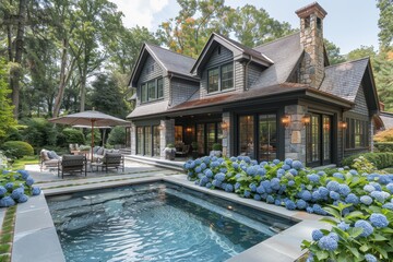 Backyard of Large New England Home with Hydrangea Bushes and Patio Furniture

