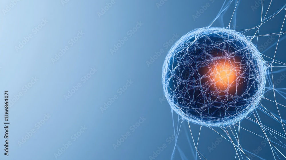 Poster abstract representation of a cell with a glowing nucleus.