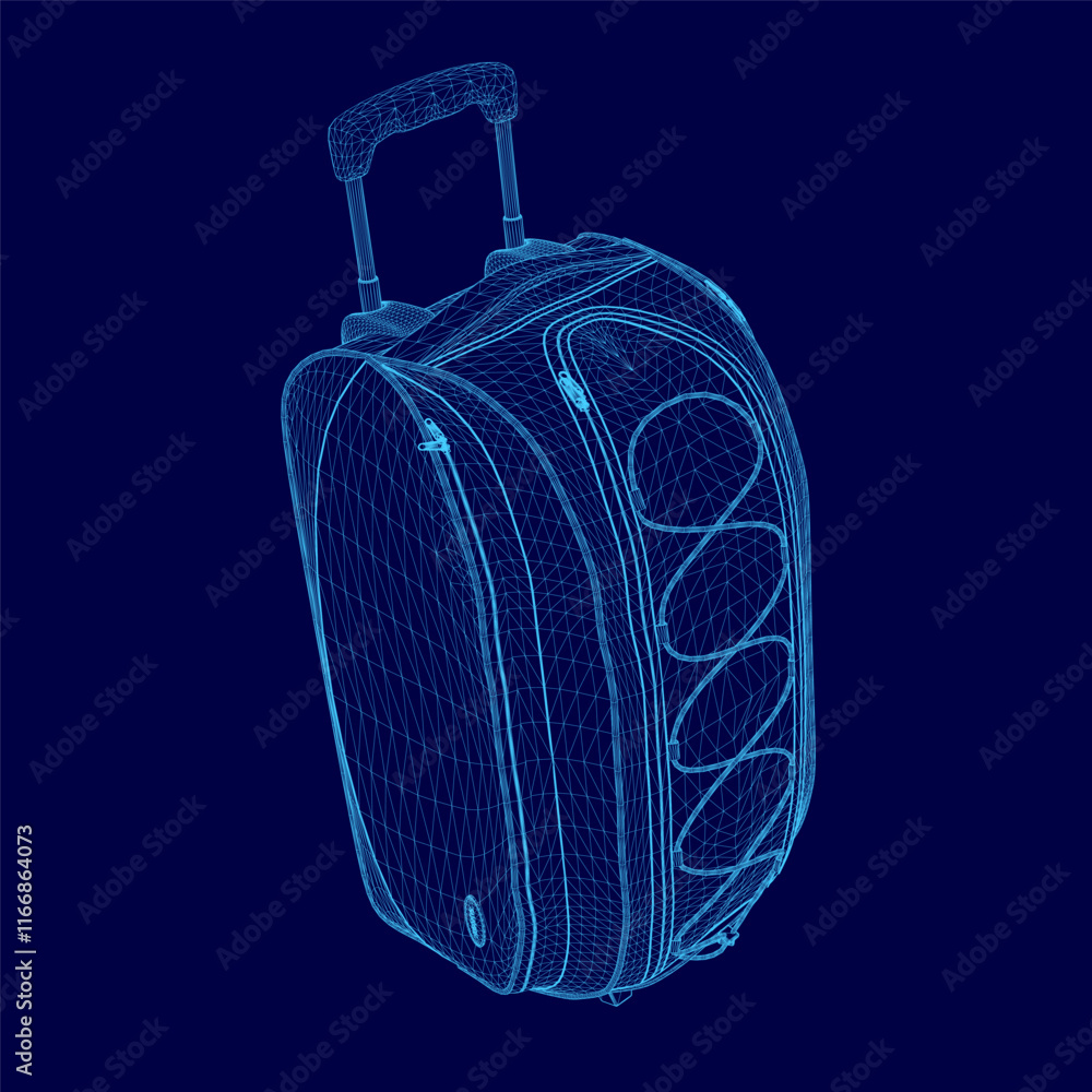 Poster blue suitcase with a handle is shown in a 3d rendering. the suitcase is designed to look like a piec