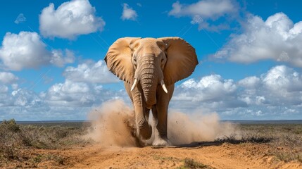 Fototapeta premium A large elephant walking across a dirt field