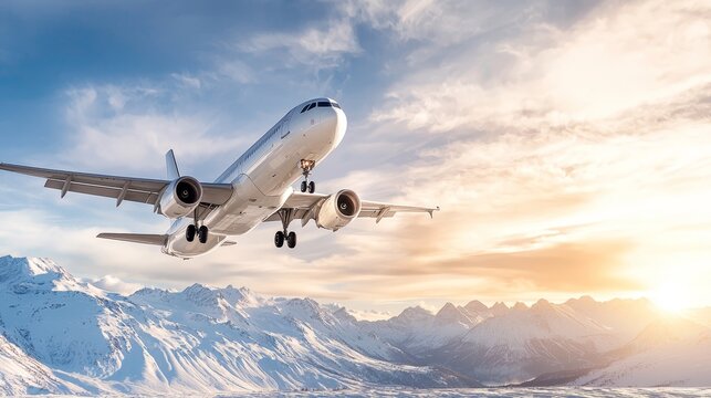 A large passenger jet flying over a snowy mountain range