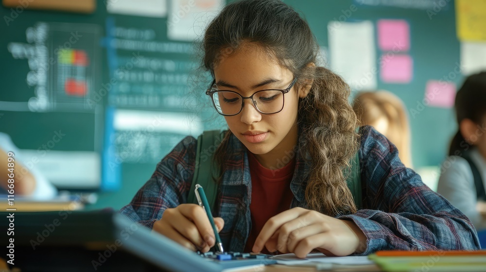 Aufkleber high school student solving complex equations with a calculator in a classroom