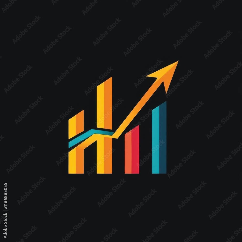 Poster colorful bar graph with an upward arrow representing growth and success.